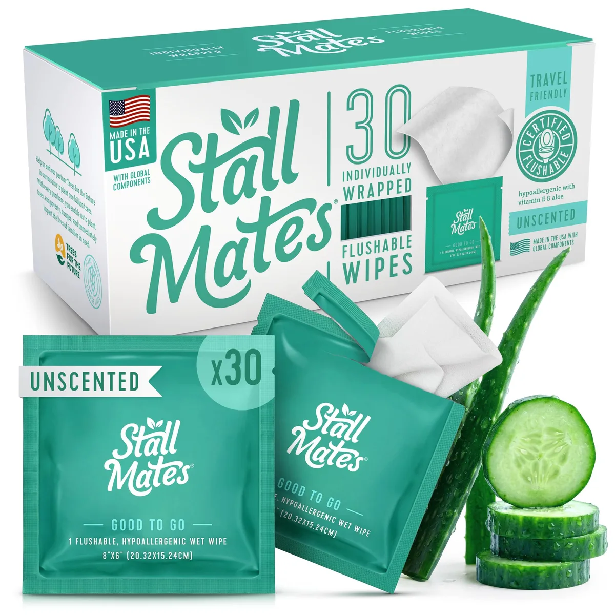 White rectangular box containing 30 individually wrapped flushable wipes