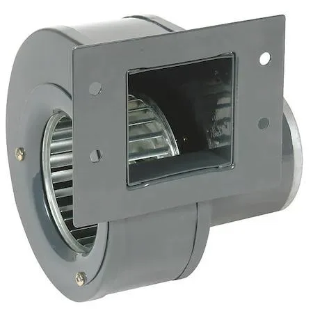Square metal blower housing with forward-curved wheel, direct drive motor, grey steel finish