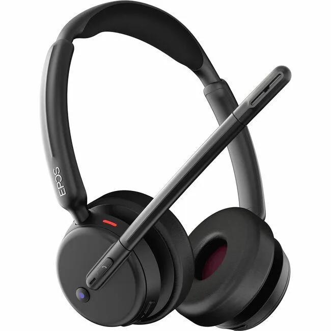 Black over-the-head wireless headset with leatherette on-ear cushions and boom microphone