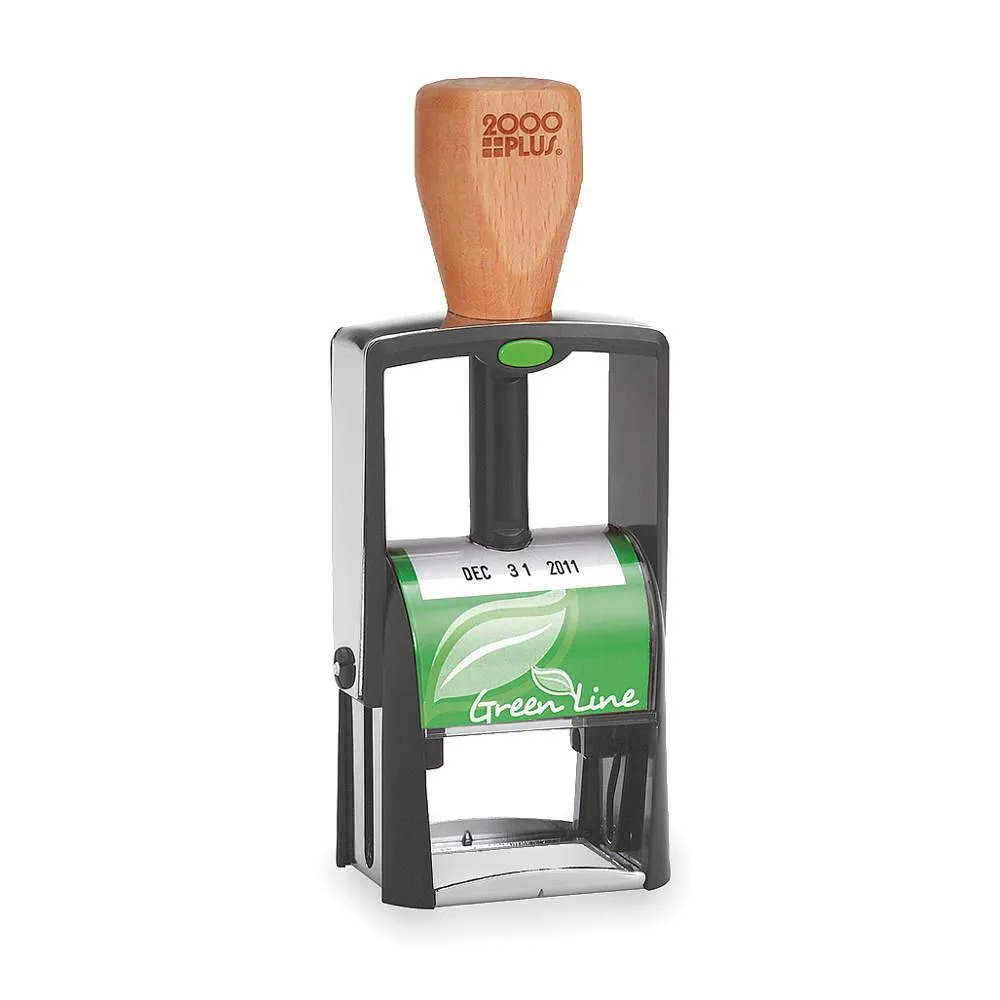 Rectangular self-inking date stamp, four rotating bands, recycled plastic and metal body, black ink pad visible
