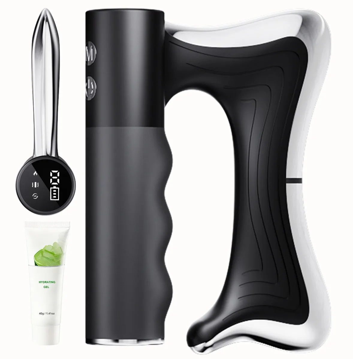 Blue handheld heated muscle scraper massager with curved metal edge and LED display