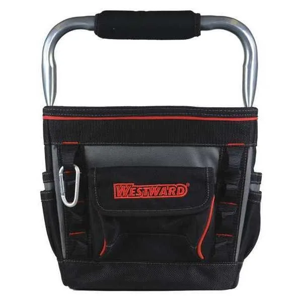 Black polyester tool tote, rectangular, 13 in wide, padded rotating handle, five pockets