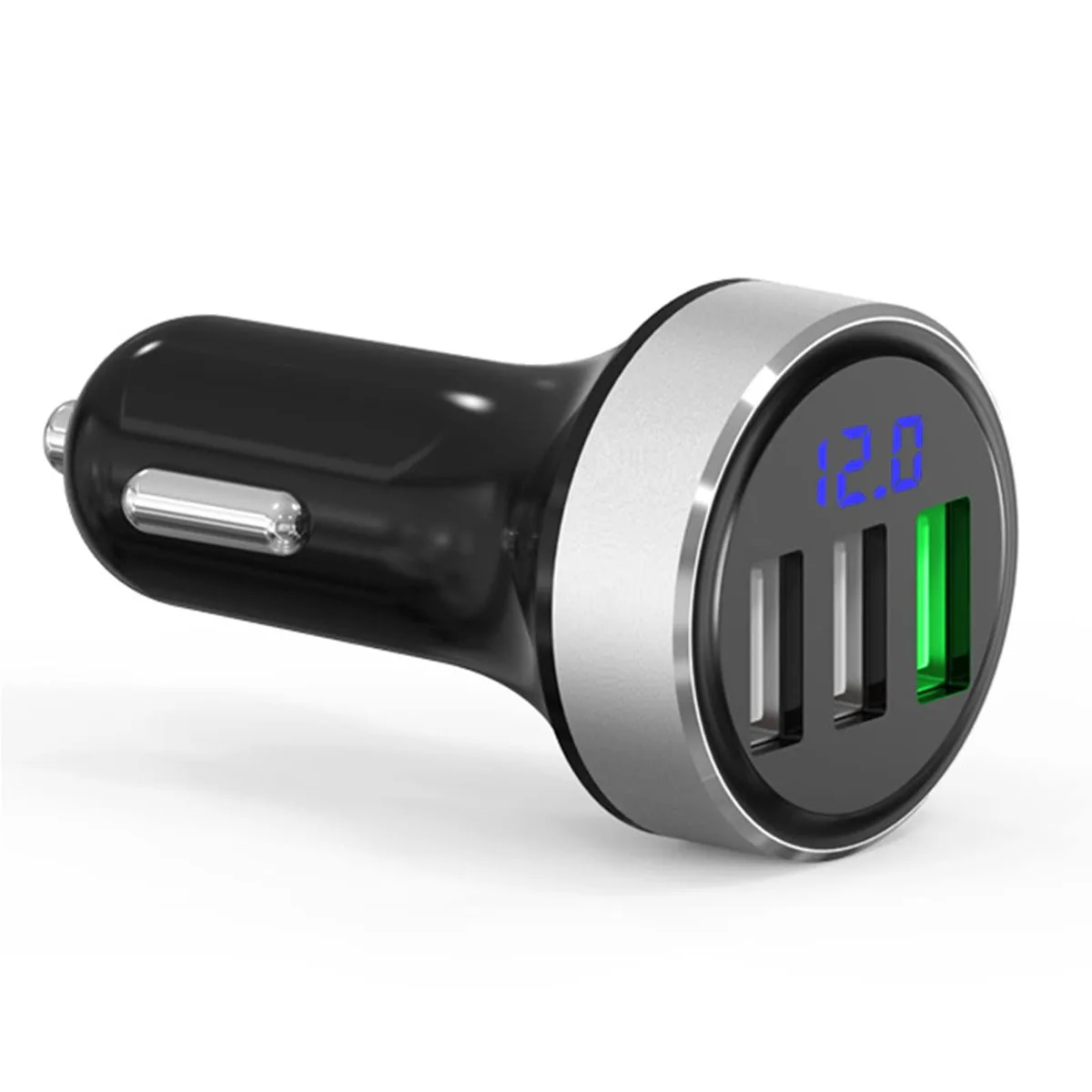Silver car charger with three USB ports and LED voltage display