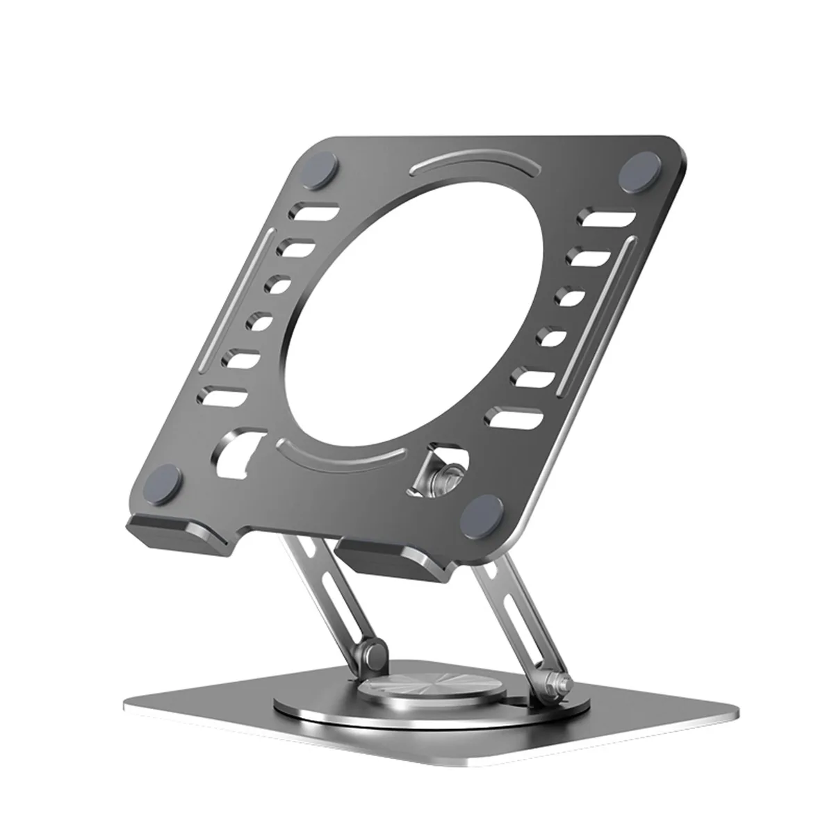 Space Gray metal laptop stand with vented panel and 360-degree swivel base