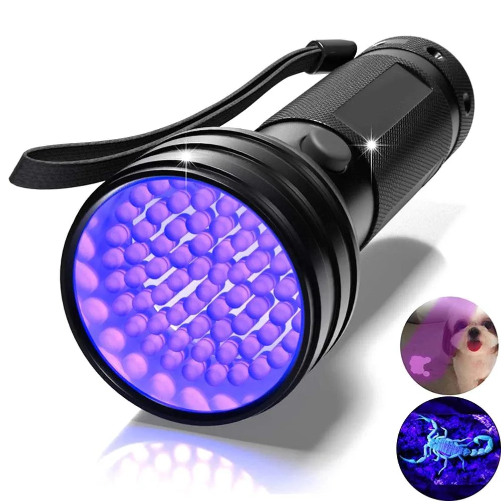Aluminium UV torch, 51 purple LEDs, textured barrel, central button