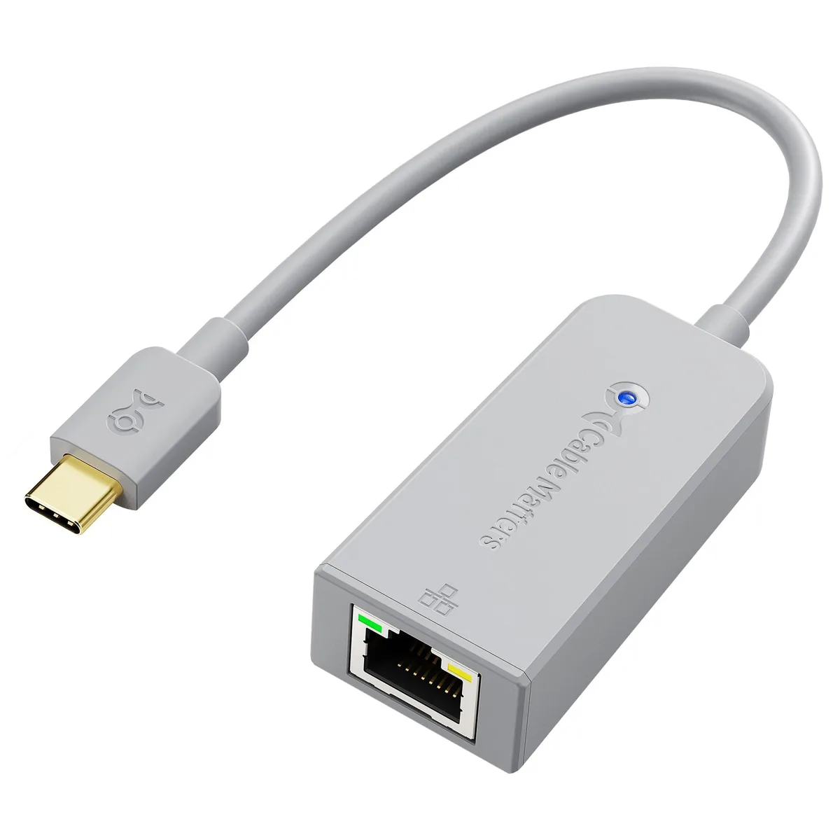Compact gray USB-C to Ethernet adapter with RJ45 port