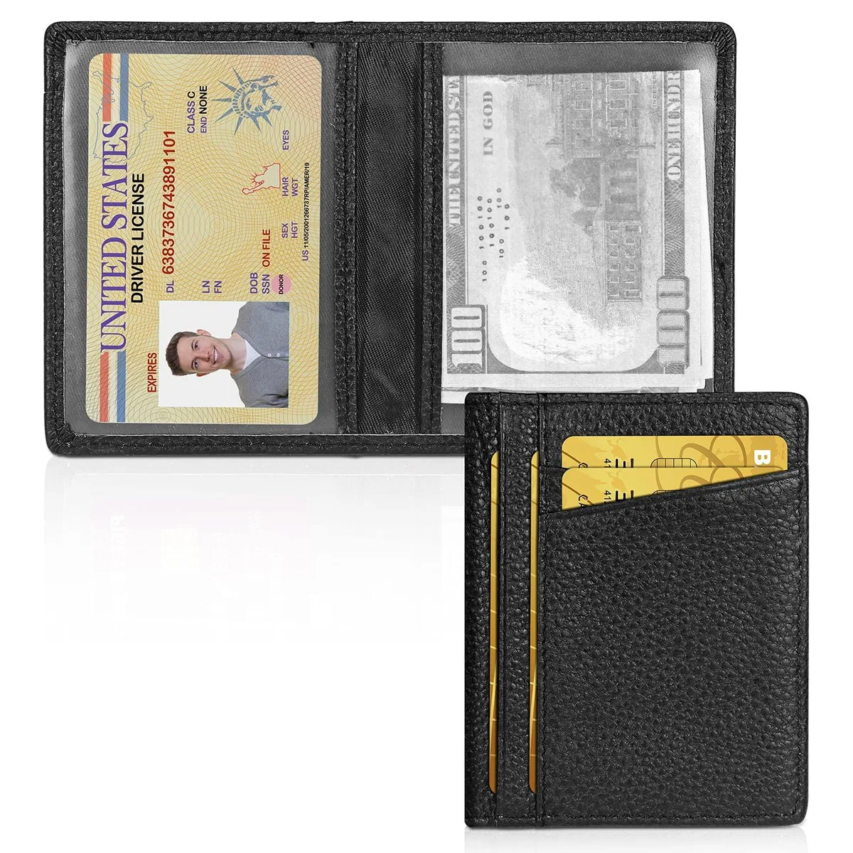 Unaone Card Case Genuine Leather RFID Blocking 8 Card Slots 2 ID Window Black — product photo
