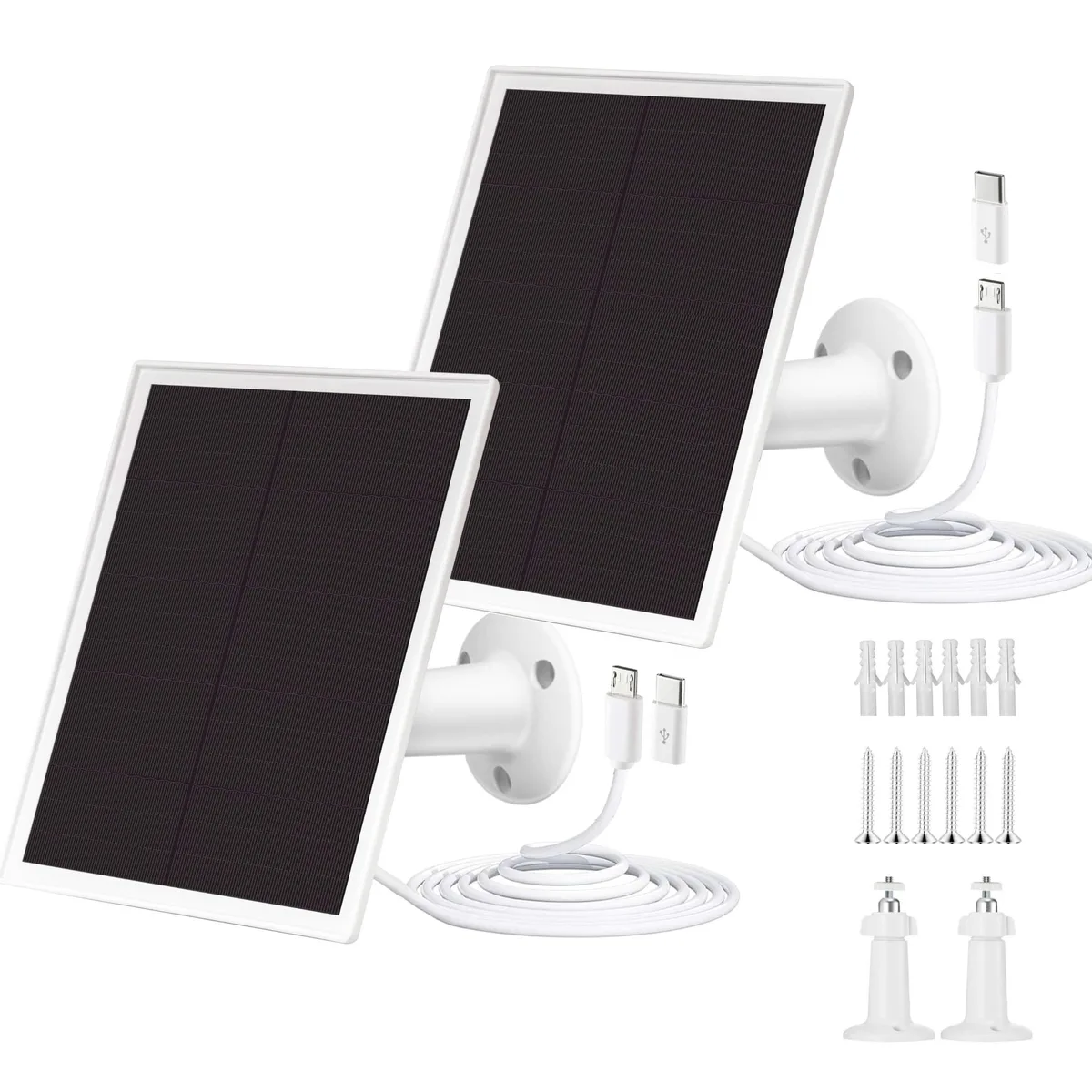 Two rectangular solar panels with dark cells silver frames and adjustable wall mounts