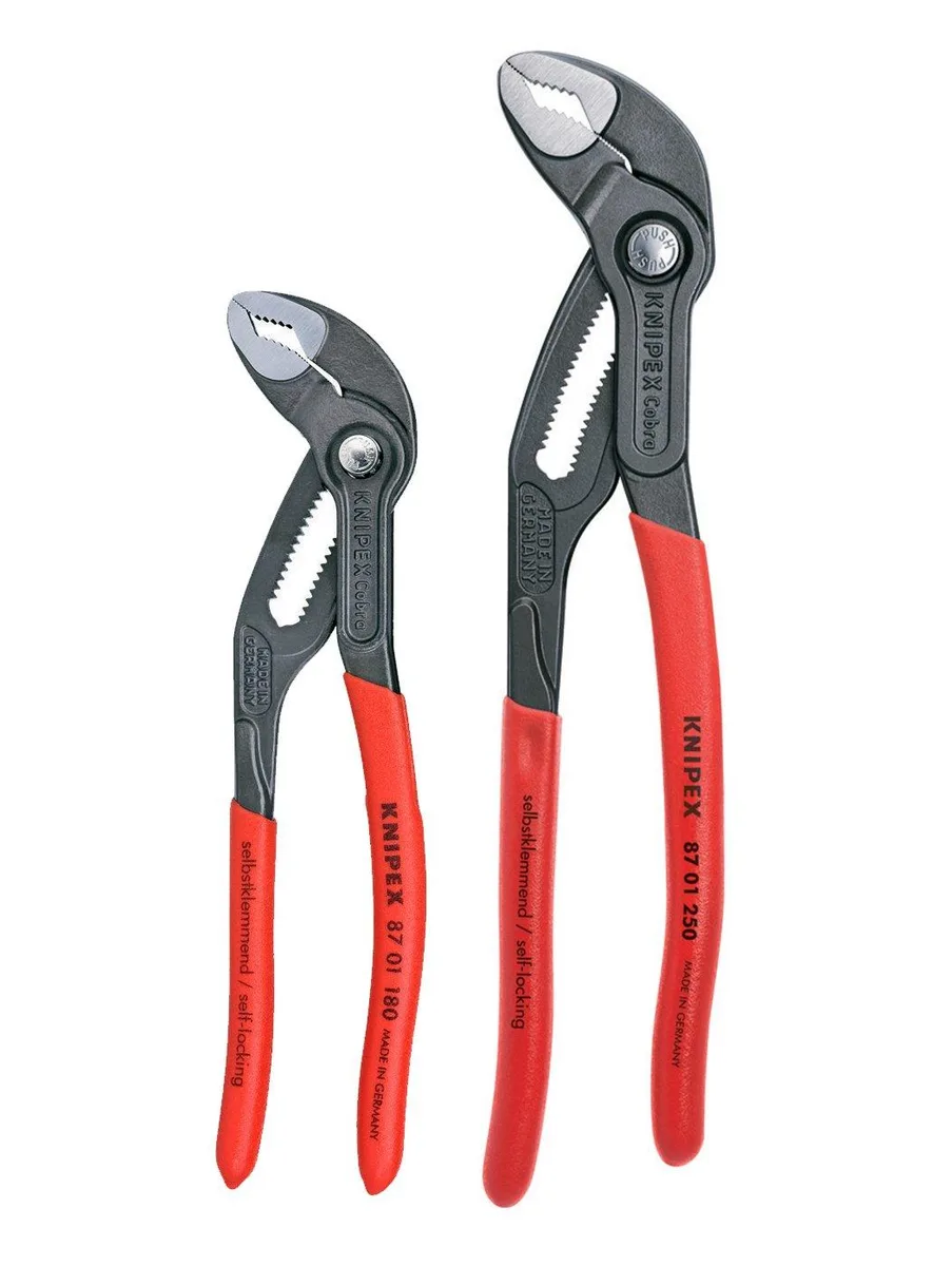 Two red-handled KNIPEX Cobra pliers, 7 1/4 and 10 inch, box-joint design, plastic grips