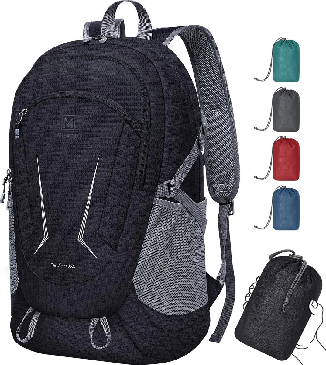 Black packable backpack, folded into small pouch, polyester fabric, unisex 35L capacity