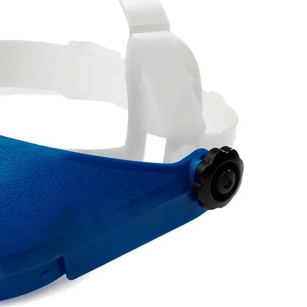 Blue plastic face shield headgear with pin-lock ratchet suspension and single crown