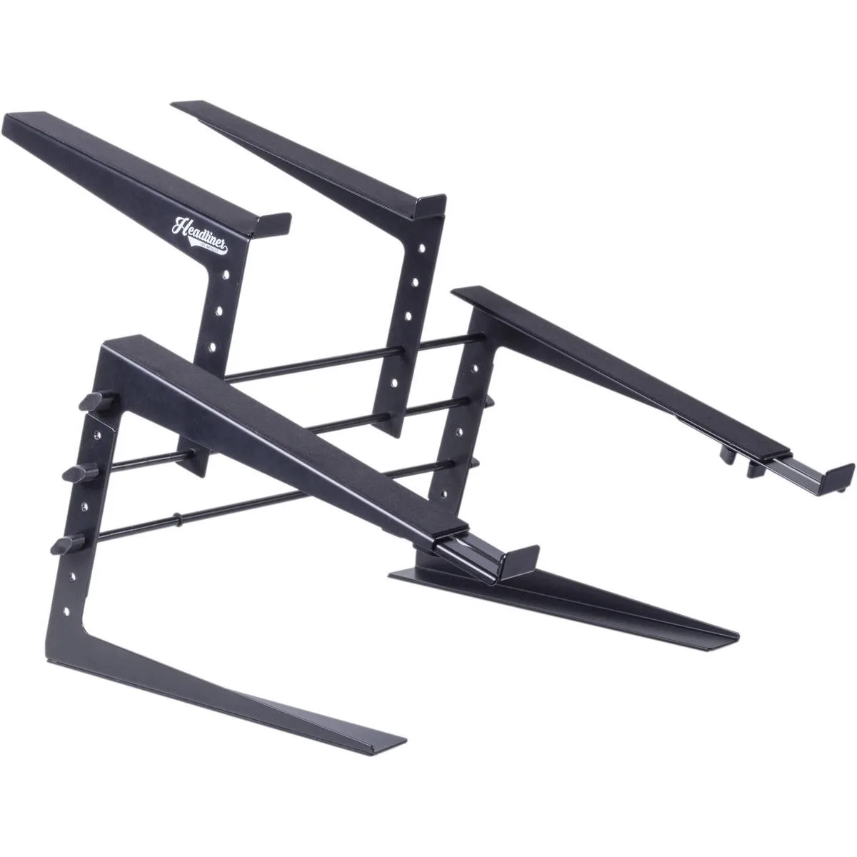 Black metal DJ stand with two shelves, adjustable width arms and rubber padding