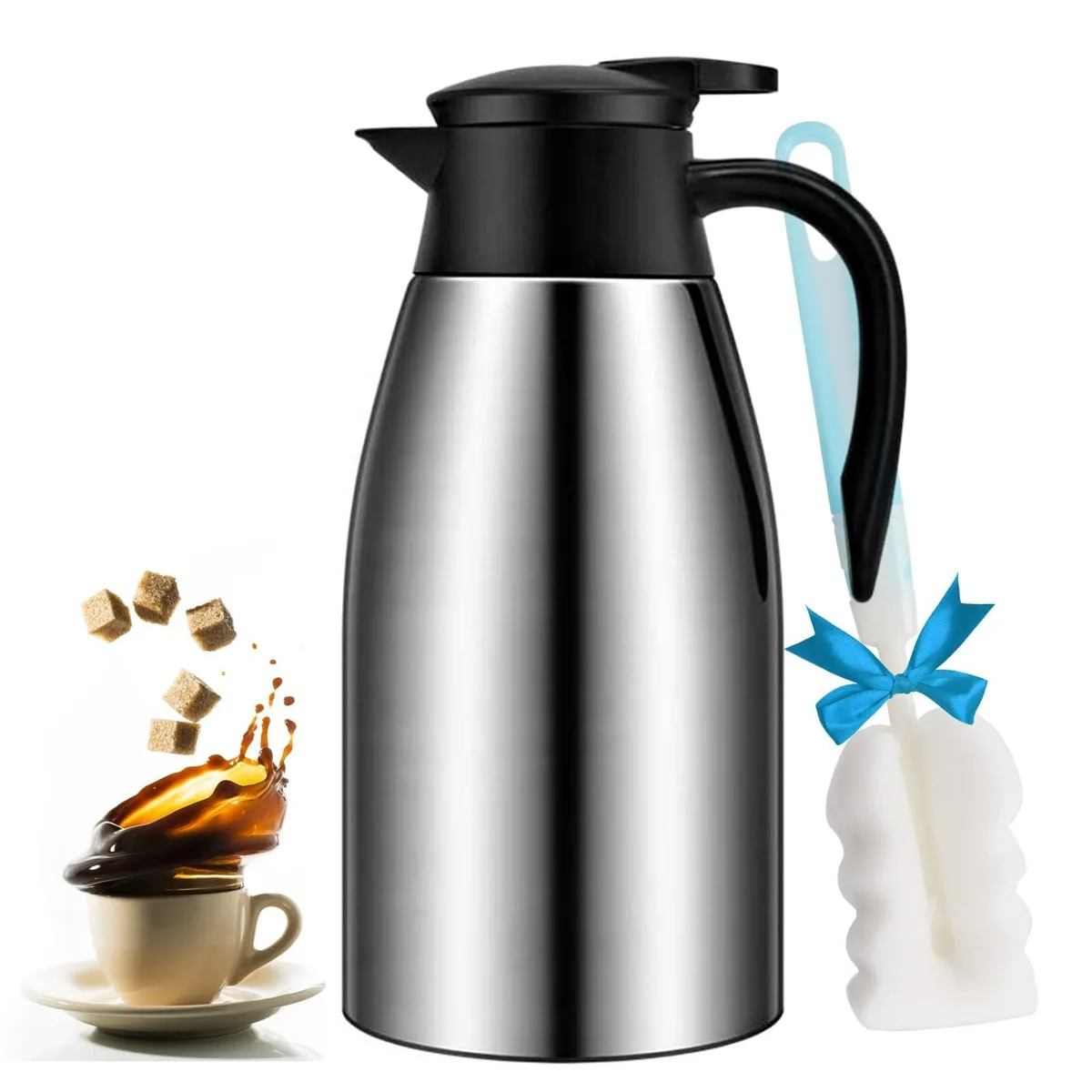 Silver stainless steel thermal carafe with push-button pour spout, 68oz capacity