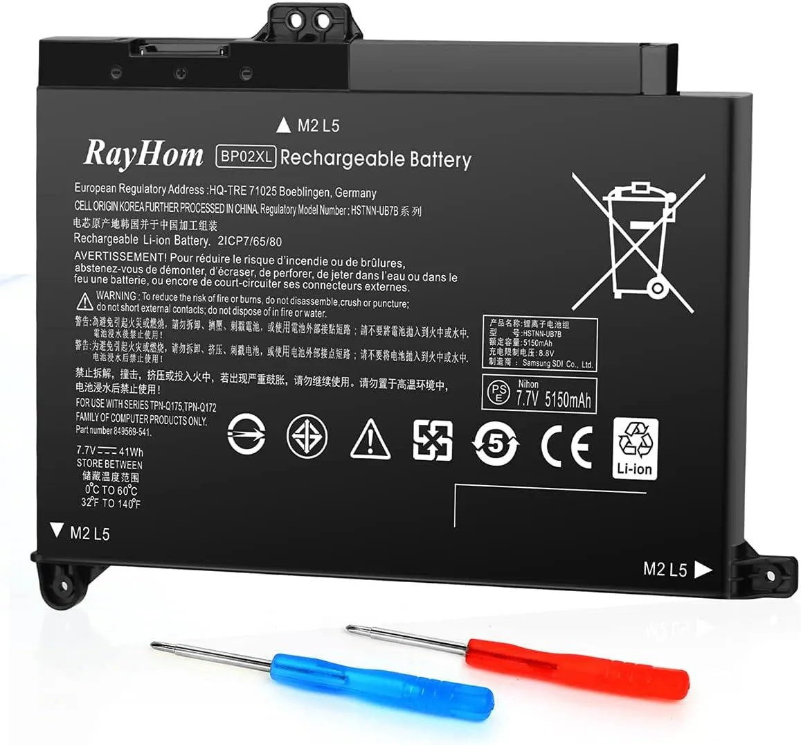 Rectangular black lithium-ion laptop battery with two cells and connector pins