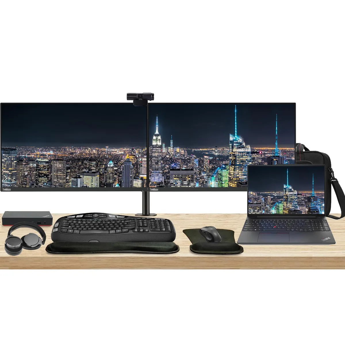 Lenovo Lenovo ThinkPad E16 laptop bundle, 2× 24" monitors, dock, MK670, webcam, headphones, bag — product photo