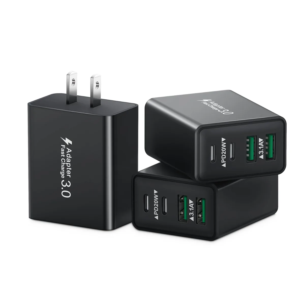 Three compact white wall chargers each with two USB-C and two USB-A ports