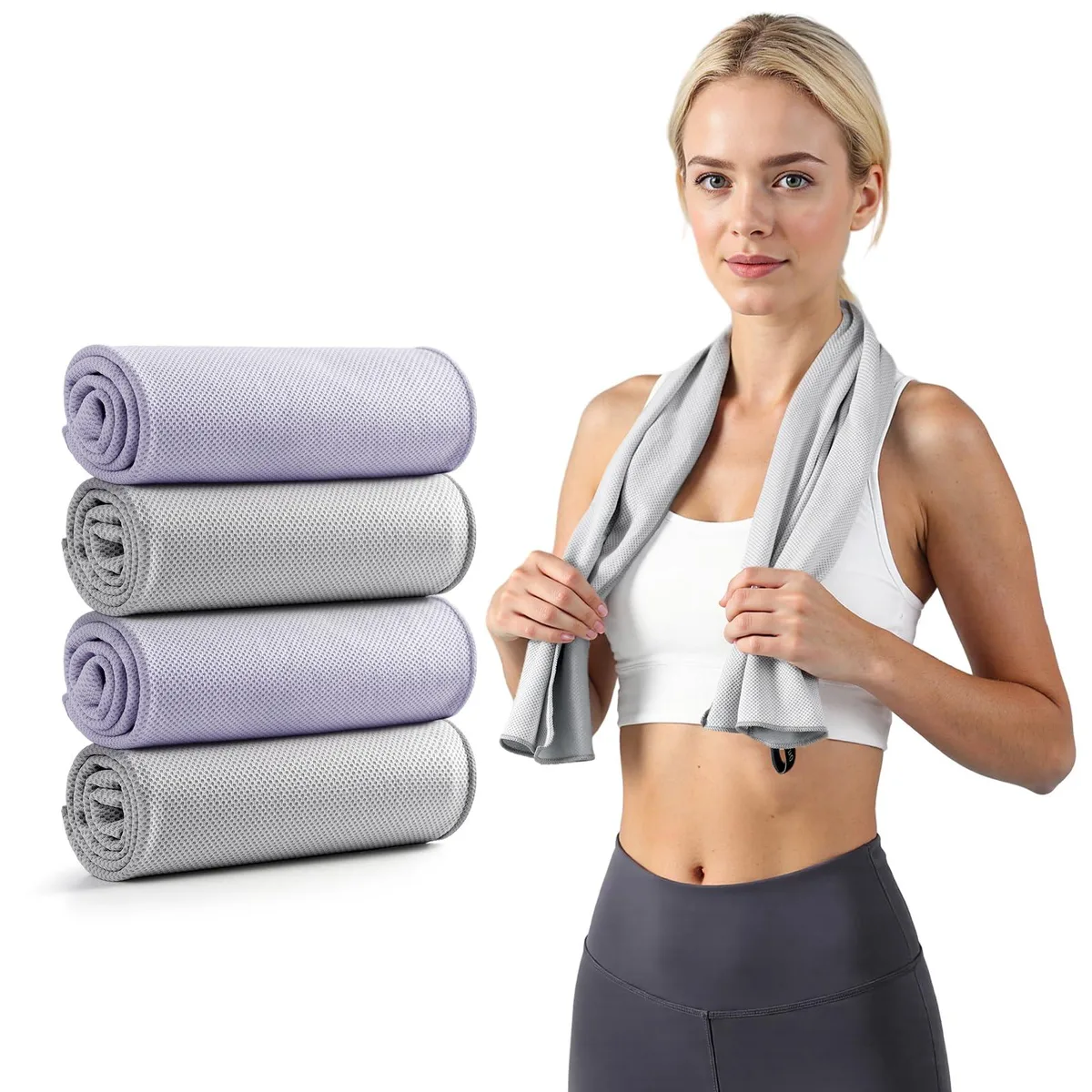 Four cooling towels, two grey and two purple, with mesh texture and carry pouch