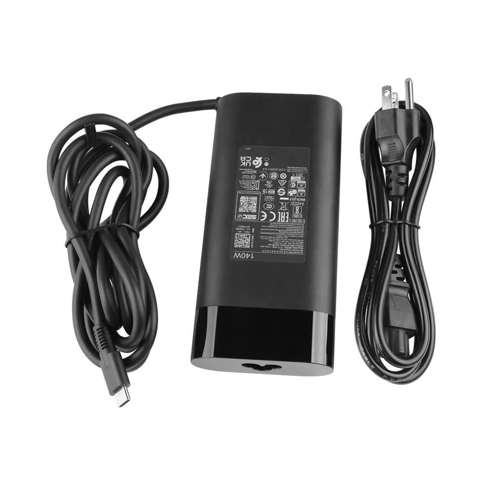 Rectangular black power brick with USB-C cable and US plug attached