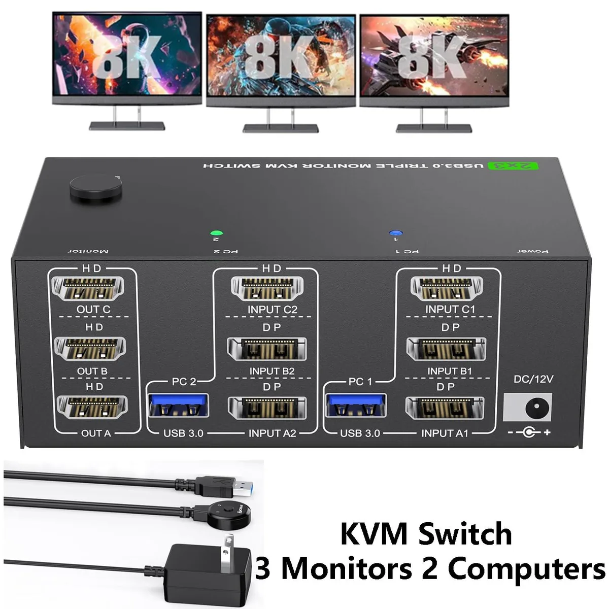 Hitoor Hitoor 3-Monitor 2-PC KVM Switch 8K@60Hz 4K@144Hz 4×USB 3.0 — product photo