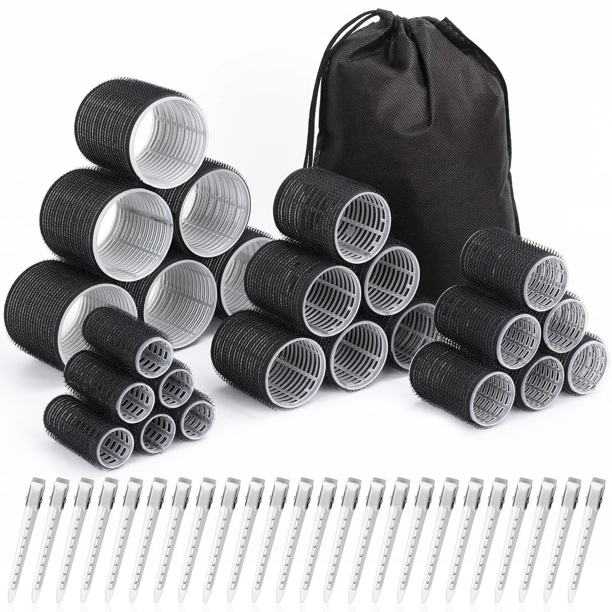 A set of twenty-four rose-red self-grip hair rollers in four sizes with matching clips and a storage bag