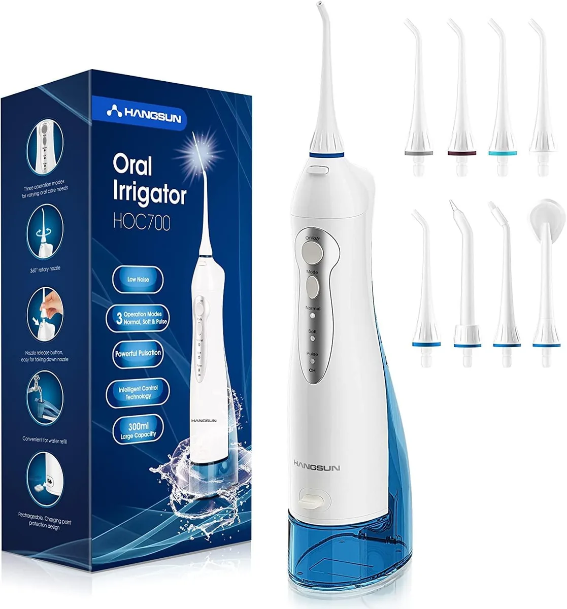 White cordless water flosser with detachable 300ml tank and non-slip grip
