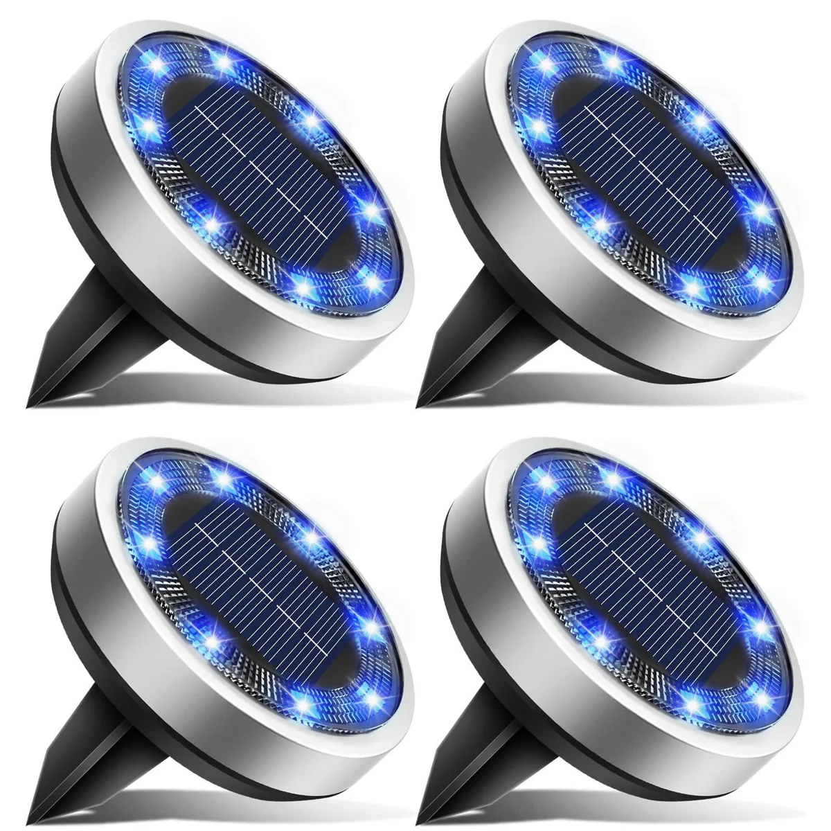 Four stainless-steel solar disc lights with blue LEDs and ground spikes