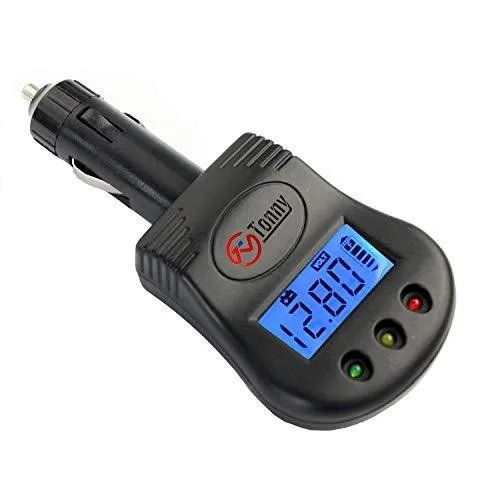 Compact black 12 V battery tester with pivoting LCD display and cigarette lighter plug