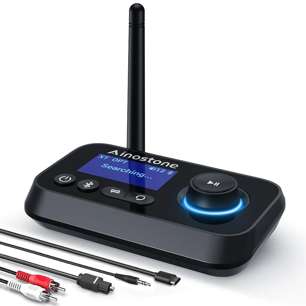 Black rectangular ABS box with LCD display, touch controls, volume knob, optical, 3.5mm and RCA ports, external antenna