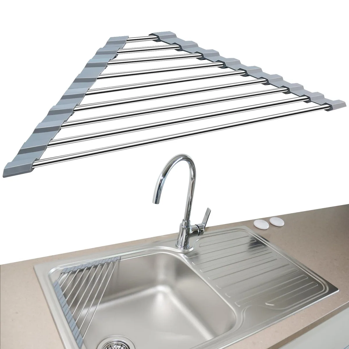 Triangle roll-up drying rack, stainless steel with silicone edges, folded flat