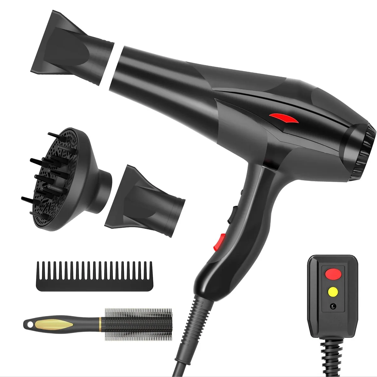 Black professional ionic hair dryer with diffuser and nozzle attachments