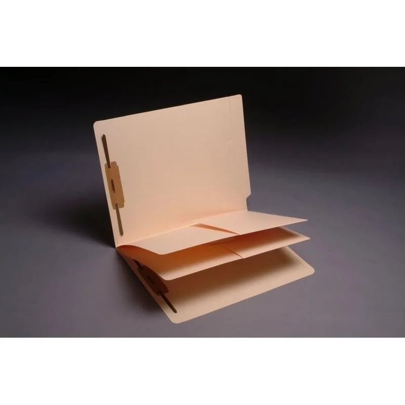 Box of 25 manila file folders with two installed pocket dividers and reinforced end tabs