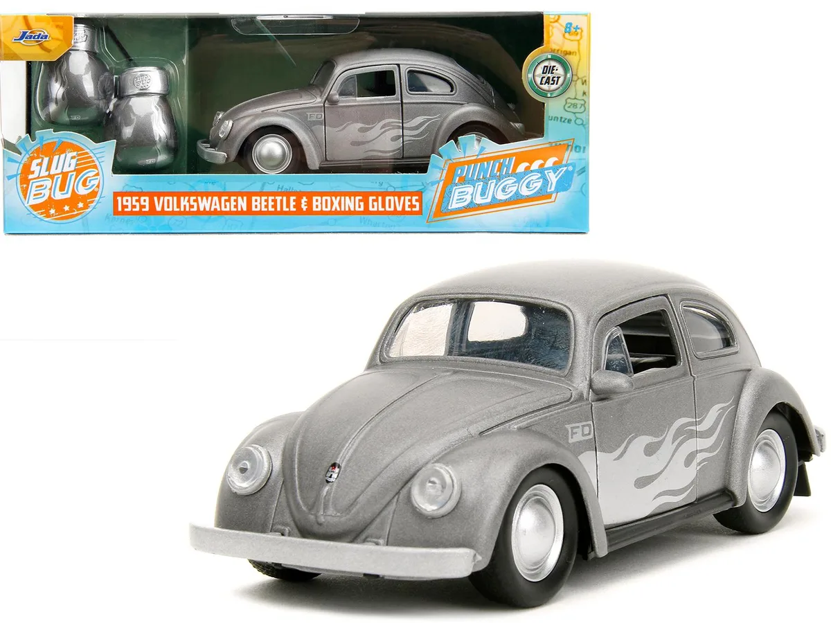 Jada Jada 1959 Volkswagen Beetle 1/32 Diecast Punch Buggy Gray Met Silver Flames Boxing Gloves Accessory — product photo