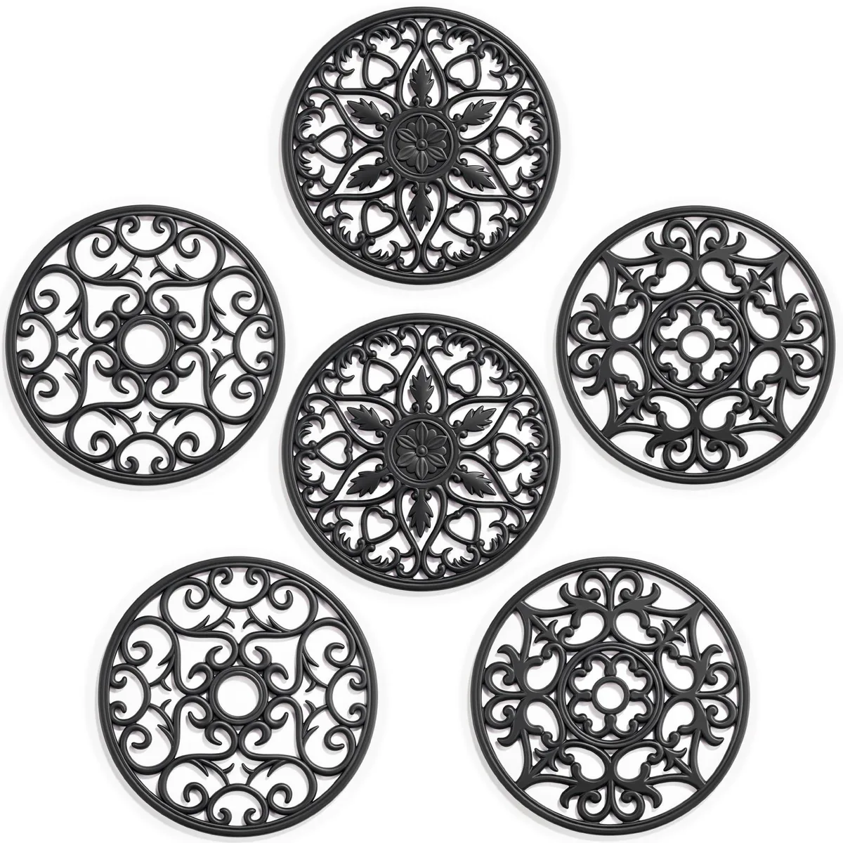 Six black silicone trivet mats with three textured patterns, 8 inches round