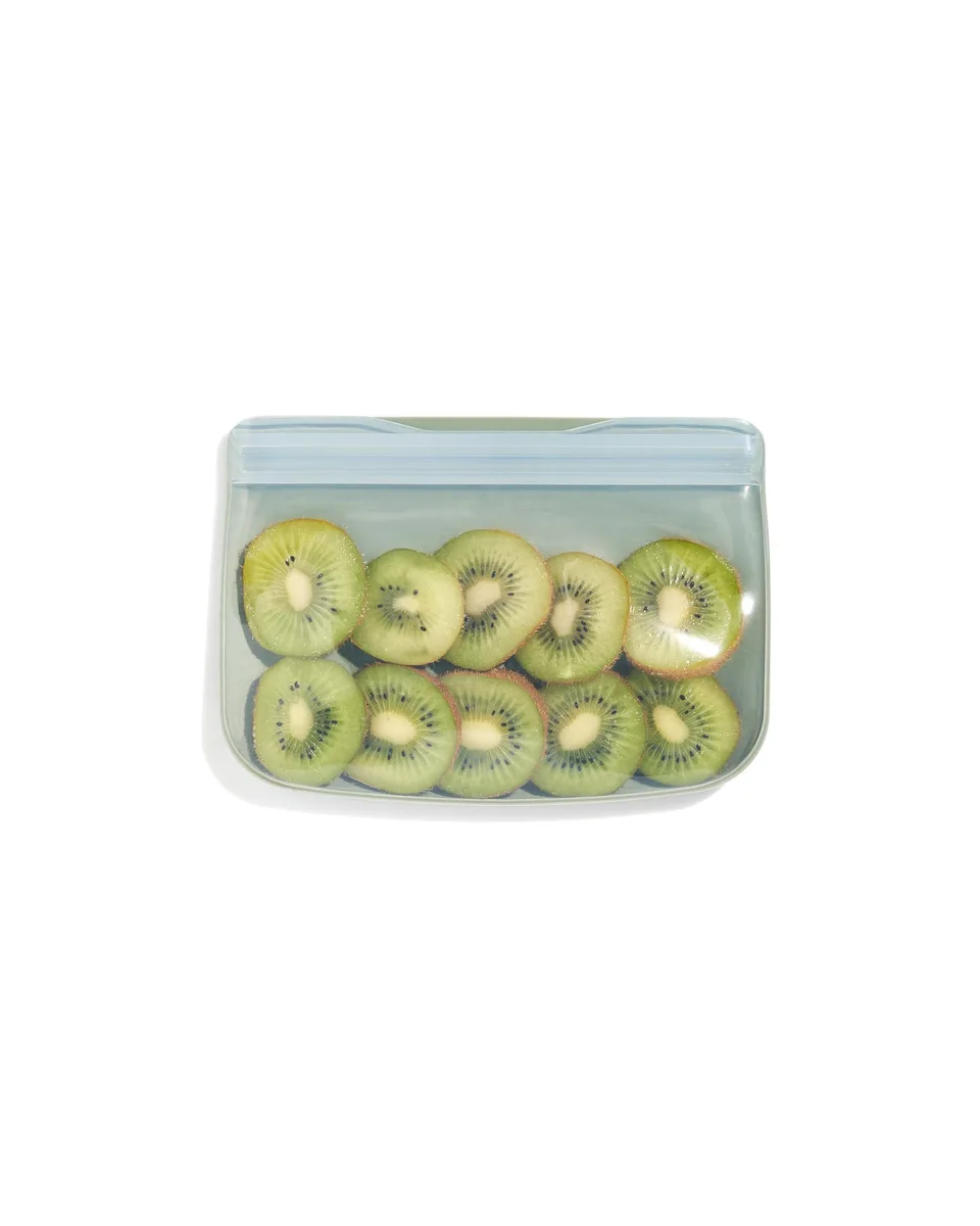 Sage green silicone food storage bag with zipper seal
