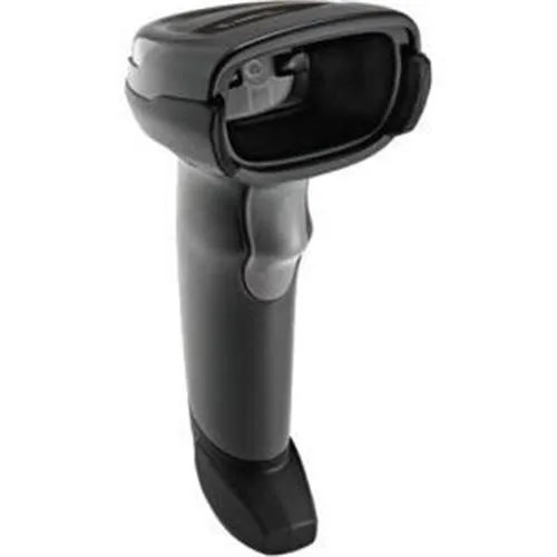 Black handheld barcode scanner with amber LED aimer, no cable included