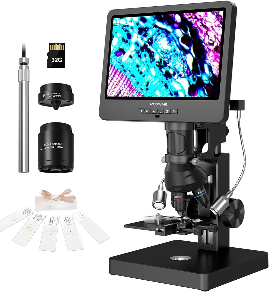 Digital microscope on stand with 10.1 inch screen and multiple lenses