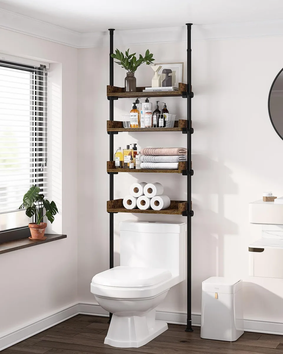  ALLZONE AZ-OTS-02-B 4-Tier Over-the-Toilet Wood Shelving, Rustic Brown, 116"H — product photo