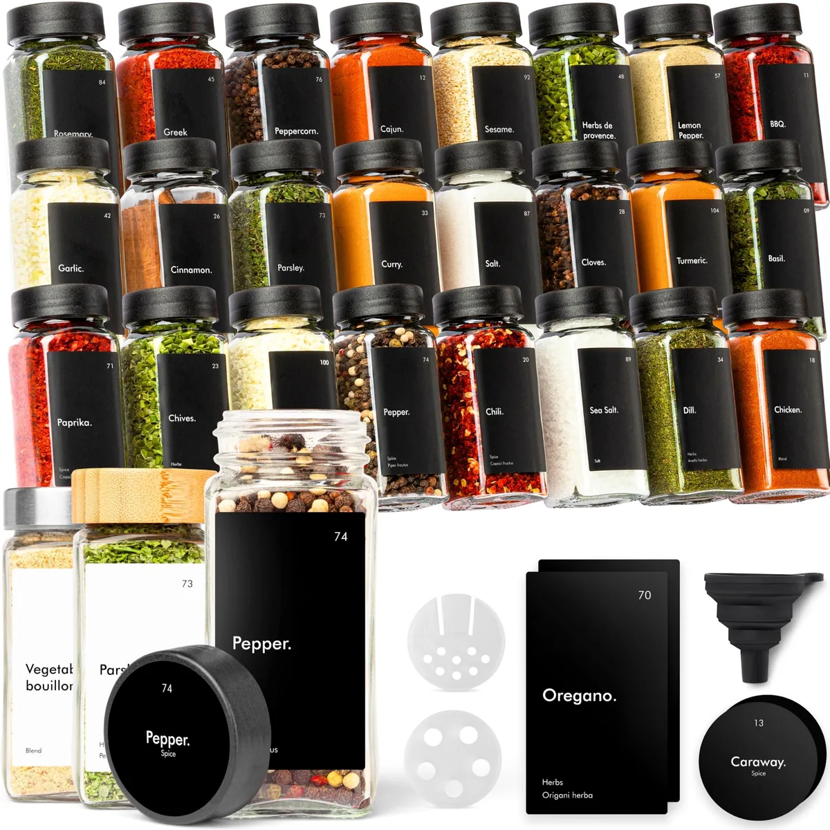Set of 24 square 4oz glass spice jars with black lids and red labels