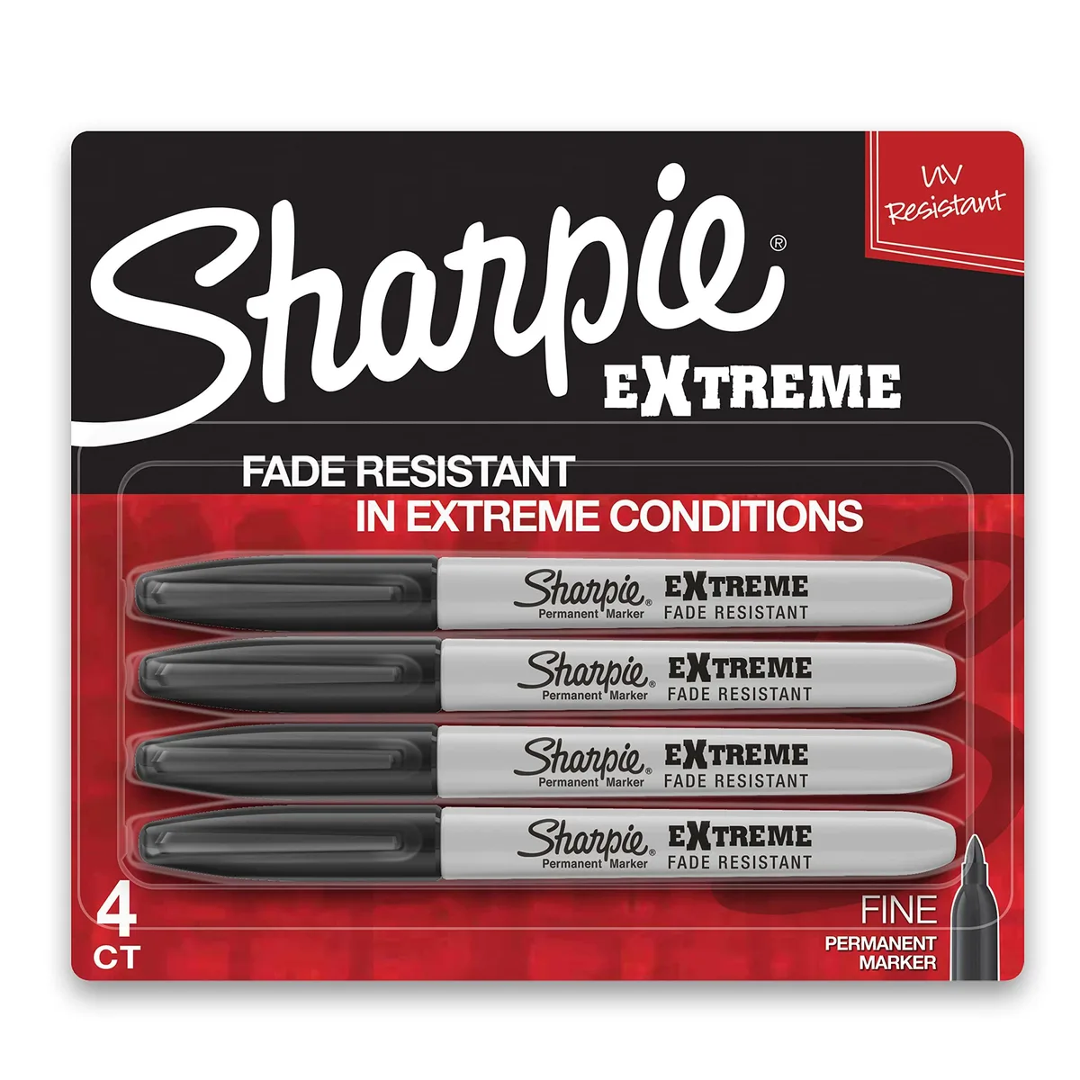 Four black Sharpie Extreme markers with fine tips