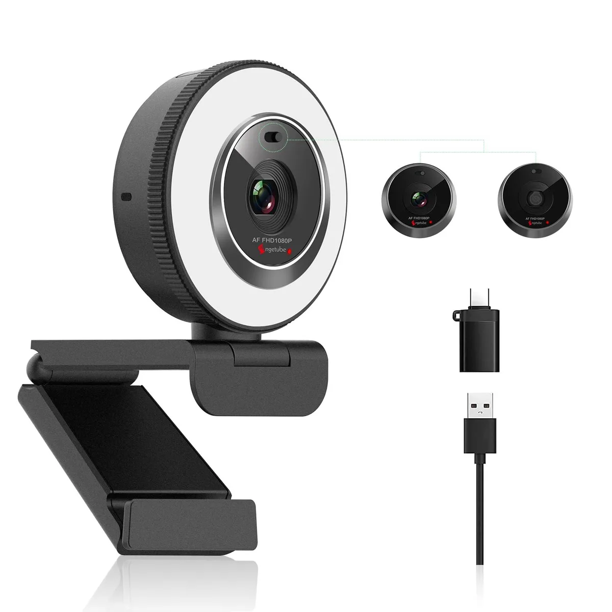 Black cylindrical webcam with integrated ring light and monitor clip