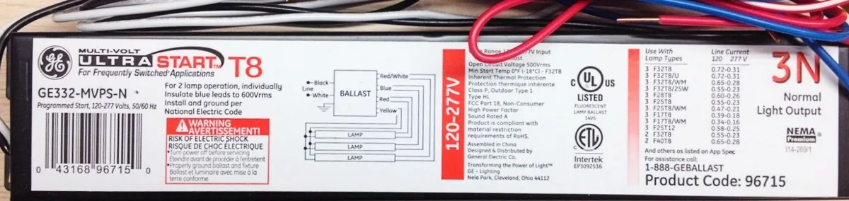 GE Lighting GE Lighting 96715 GE332-MVPS-N 120/277V T8 Programmed Rapid Start Ballast 3 Lamps — product photo