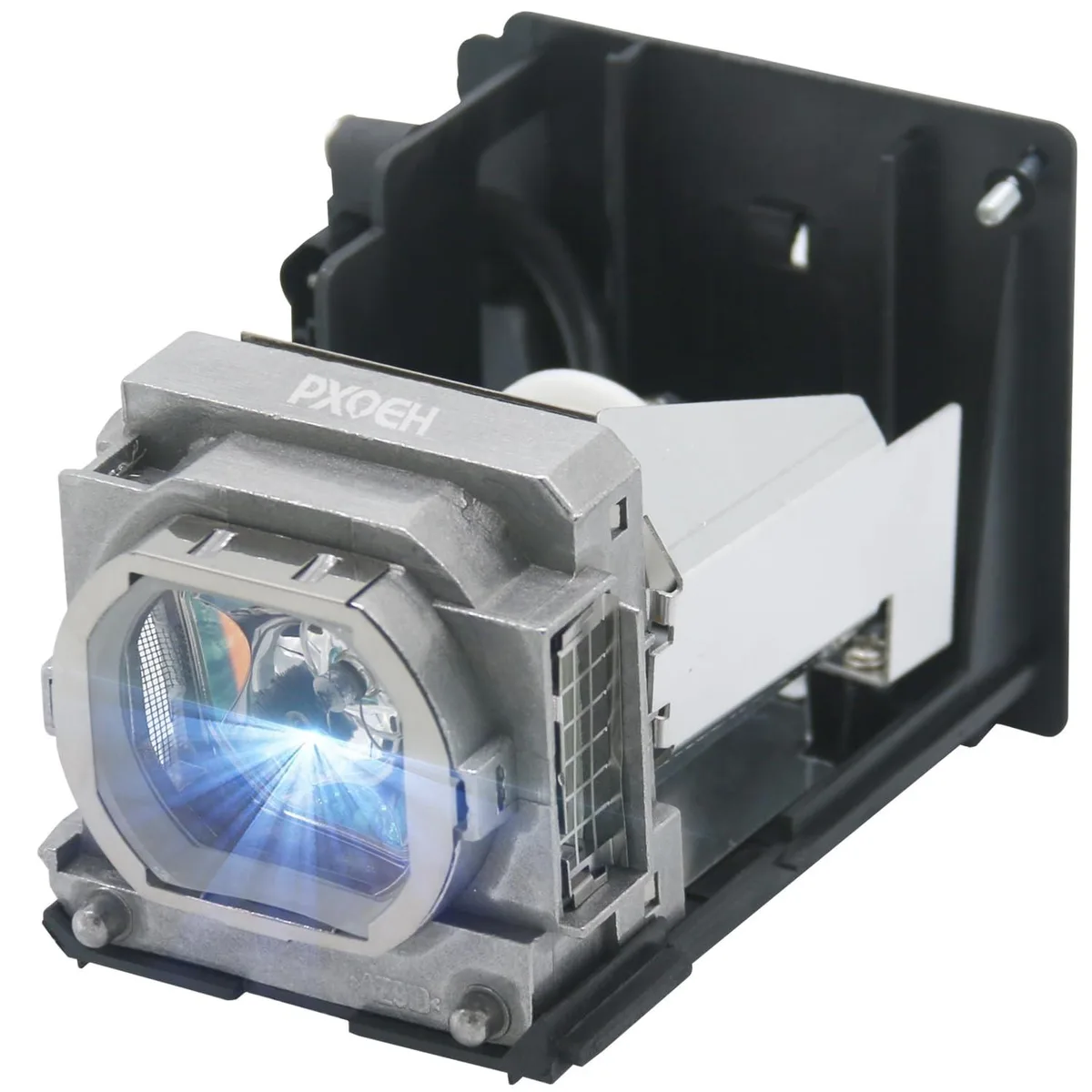 Rectangular projector lamp module in black plastic housing with glass bulb visible