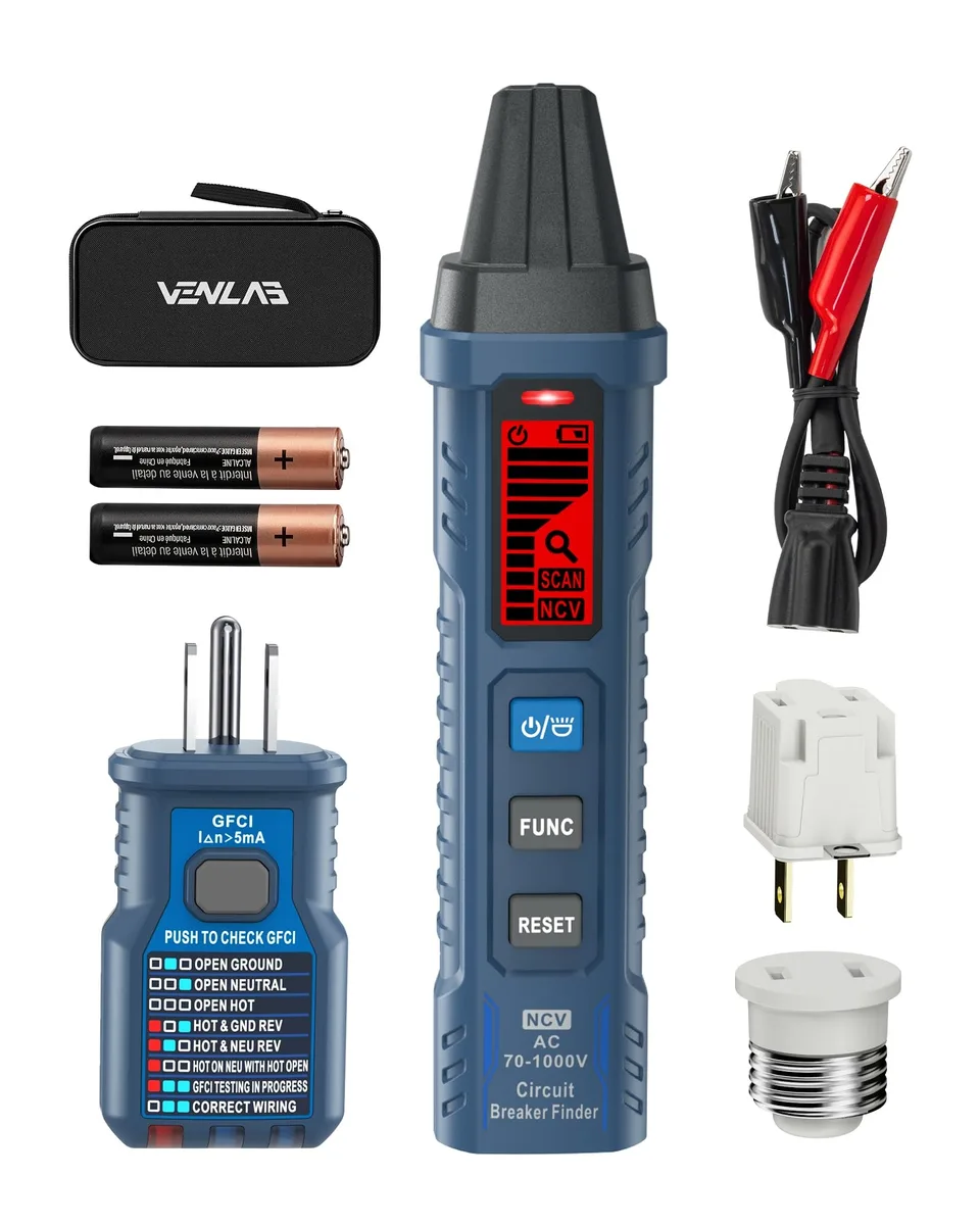 Handheld circuit breaker finder with LCD screen and GFCI tester in carrying case