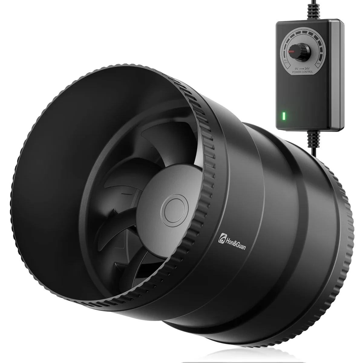 White cylindrical inline duct fan with integrated speed controller module