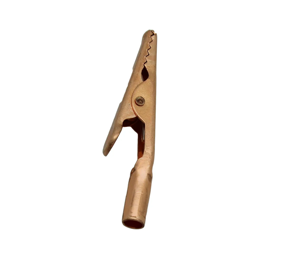 Four small solid copper alligator clips with serrated jaws and crimp barrels
