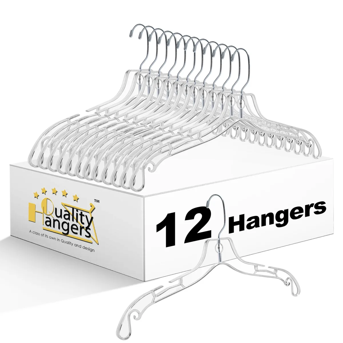 Twelve clear plastic hangers with swivel hooks and notched shoulders