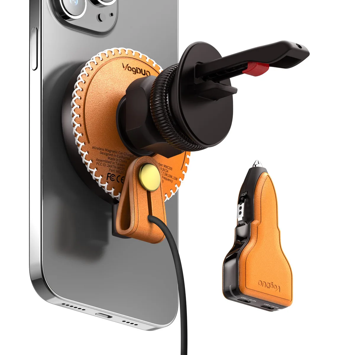 VogDUO International Corp. VogDUO International Corp. Wireless Leather Car Charger 15W Magnetic Vent Mount with 3.3ft USB-C Cable Tan — product photo
