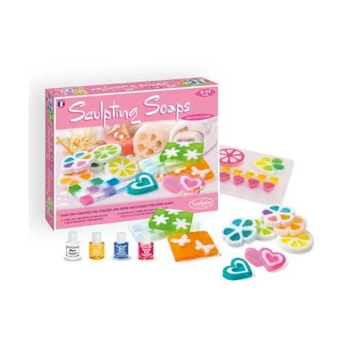 A colourful boxed soap-making kit with moulds and fragrance bottles