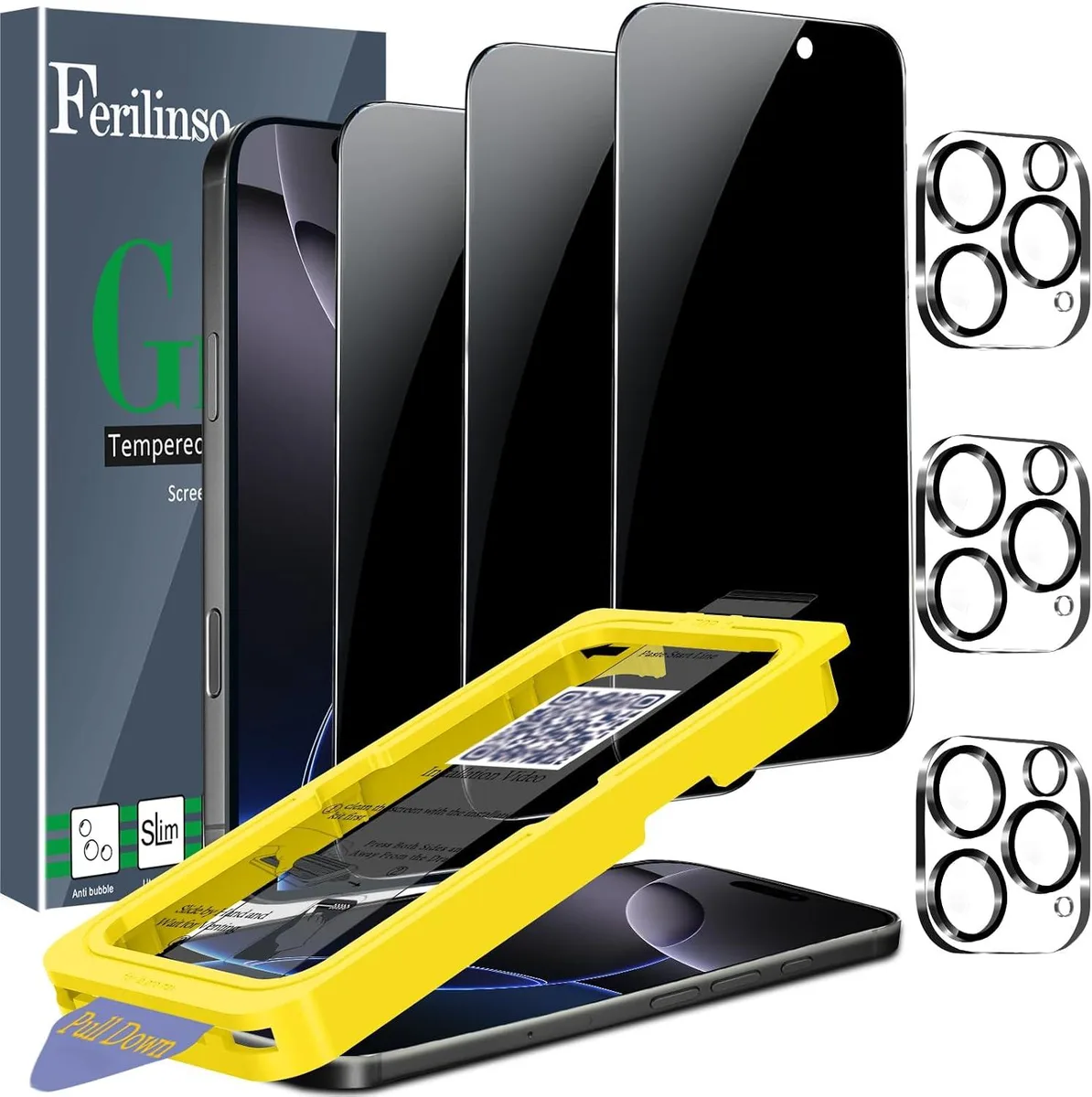 Three privacy screen protectors and camera lens protectors for iPhone 16 Pro Max