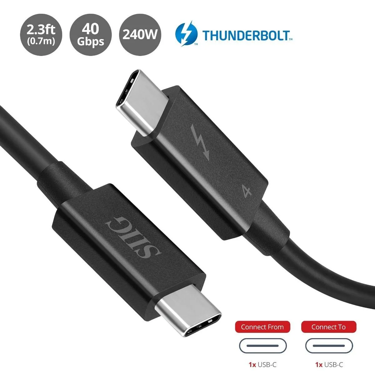 SIIG, Inc SIIG, Inc Thunderbolt 4 Cable 2.3ft 0.7M 8K@60Hz 40Gbps 240W Charging CB-TB0211-S1 — product photo